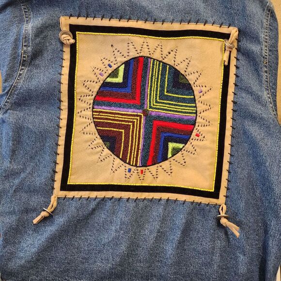 Don’t Mess With Texas Denim Jacket Women L Blue Western Boho Aztec Embroidered - Picture 13 of 15